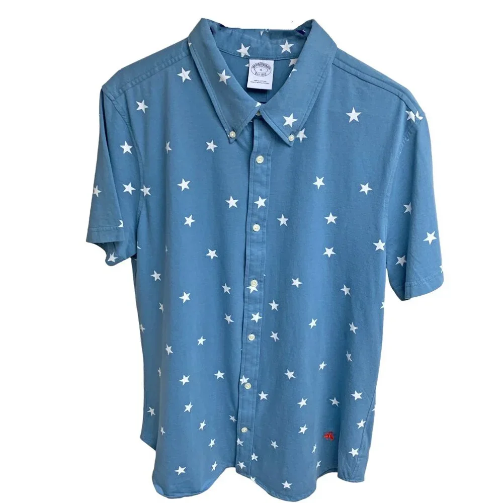 Brooks‎ Brothers Blue Printed White Star Button Down Short Sleeve Shirt